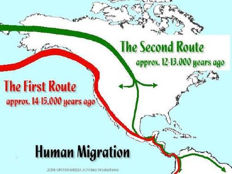 Asians crossed the Bering Strait to North America 12-15,000 years ago in two waves of migration when the strait was frozen over, creating a natural land bridge... Native American Map, Road Trip Across America, Bering Strait, Usa History, Human Migration, European Explorers, Dna Genealogy, Human Geography, Early Humans