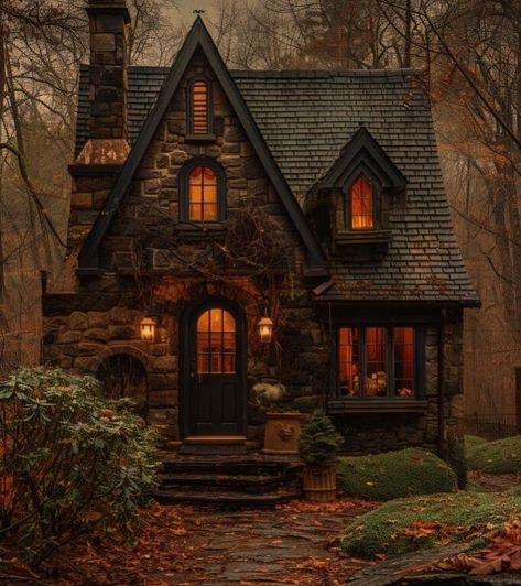 Fall Cottage House Exterior, Small Gothic Cottage, German Cottage House, Gothic Tiny House Plans, Witch’s House, Small Gothic House, Dark Fall Decor, Dark Academia House Exterior, Gothic Cabin