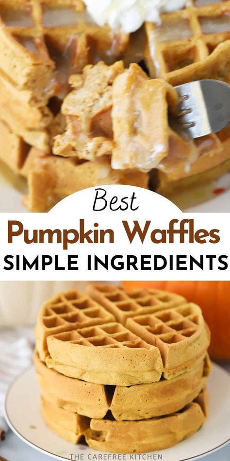 These light and fluffy Pumpkin Waffles are made with real pumpkin puree and lightly spiced with warm baking spices. Served with butter, maple syrup and your favorite toppings, they make the perfect sweet fall breakfast. #thecarefreekitchen #breakfast #pumpkin #waffles #fall #pumpkinspice Pumpkin Waffle Recipe, Real Pumpkin Puree, Pumpkin Waffles Recipe, Awesome French Toast Recipe, Pumpkin Spice Waffles, Baking Spices, Waffle Iron Recipes, Waffle Maker Recipes, Waffles Recipe