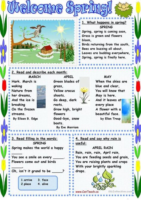 Poems About Spring, Spring Word Search, Snowman Writing, Spring Poem, Spring Vocabulary, Spring Worksheet, Teach English Online, Summer Worksheets, Spring Reading