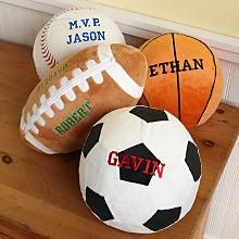 Plush Sport Balls $24.99 Soccer Pillow, Organizing Room, Basketball Pillow, Football Pillow, Sports Nursery Theme, Sports Room Decor, Sports Bedding, Sports Nursery, Sports Room