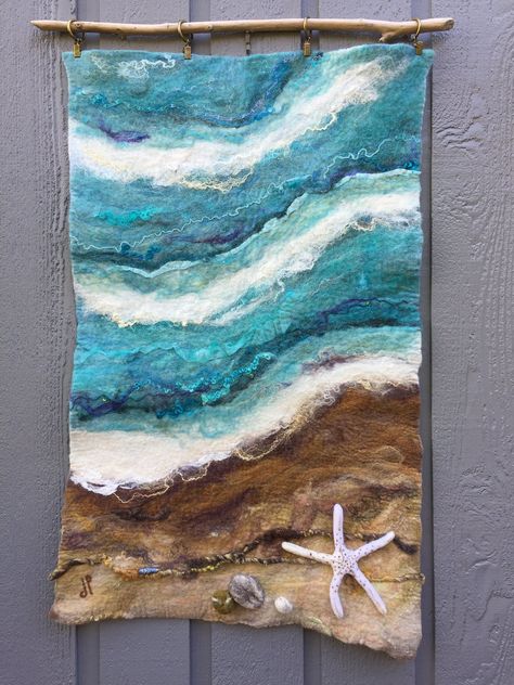 Ocean Quilt, Beach Quilt, Felt Wall Hanging, Wet Felting Projects, Landscape Quilt, Felt Pictures, No 26, Landscape Quilts, Wet Felt