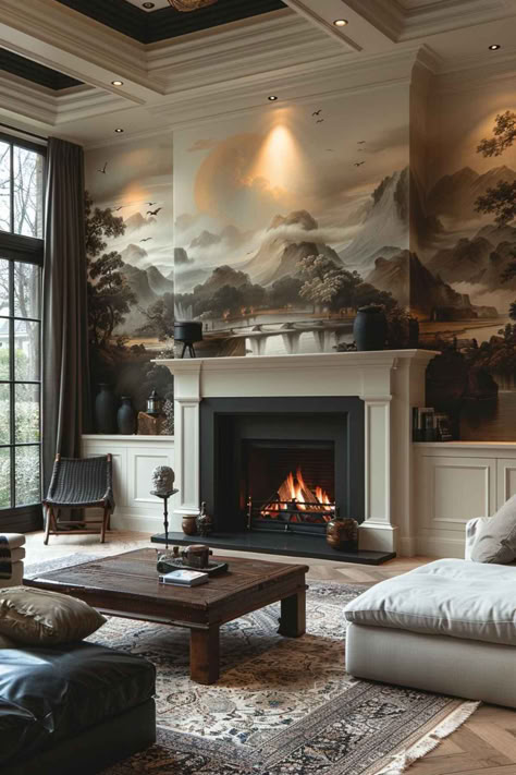 35 Beautiful Fireplace Accent Wall Ideas for a Timeless Look Marble Stone Wall Fireplace, Wallpapered Fireplace Wall, Classic Fireplace Ideas, Modern Classic Fireplace, Wall Paper Fireplace Wall, Fireplace In Office, Vintage Fireplace Aesthetic, Stone Effect Wallpaper Fireplace, Interesting Fireplace