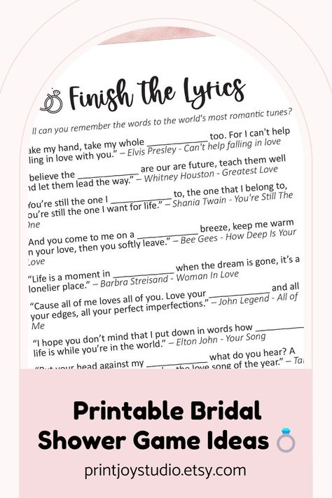 Add some musical fun
to your bridal shower with our printable Finish the Lyrics game! Perfect for
music lovers. Grab yours today! https://etsy.me/3VMn4pG Finish The Lyrics Game, Free Bridal Shower Games, Reception Games, Finish The Lyrics, Wedding Reception Games, Games Wedding, Game Wedding, Wedding Game, Bridal Games