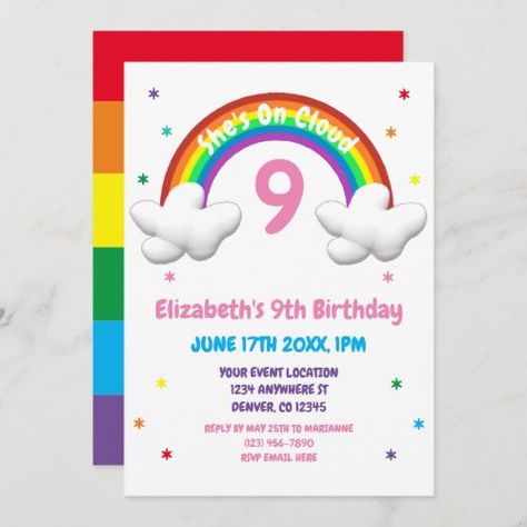 On cloud 9! Rainbow colorful 9th birthday #ad Cloud Nine Birthday Party, Cloud 9 Birthday Party, Rainbow Birthday Invitations, Invitation Suites, 9th Birthday Parties, Birthday Party Invitation Templates, Rainbow Birthday, 9th Birthday, Cloud 9