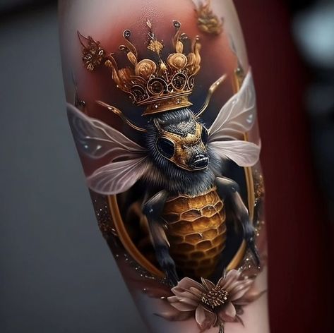 Queen Bee Tattoo Ideas, Bee Tattoo Ideas, Queen Bee Tattoo, Glow Tattoo, Bee Tattoos, Honey Bee Tattoo, Honeycomb Tattoo, Private Tattoos, Bright Tattoos