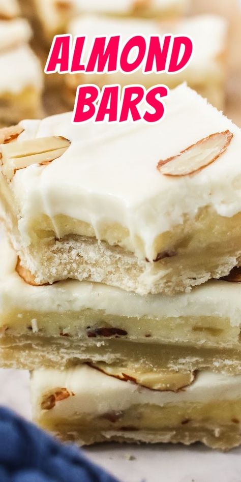 Almond Bars are a delicious shortbread bar that is easy to make! Perfect portion sizes means you can double or triple the recipe and eat them over and over again! #numstheword #almondbars #dessert #almonds #shortbread Almond Bars Recipe, Shortbread Bars Recipes, Almond Frosting, Almond Creme, Almond Pastry, Almond Bars, Shortbread Bars, Dessert Bar Recipe, Almond Bark