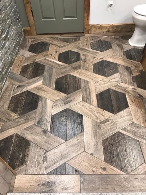 Tile Entryway Transition To Wood, End Grain Flooring, Unique Tile Patterns, Minwax Stain Colors, Wood Floor Pattern, Entryway Tile, Wood Floor Design, Basement Remodel Diy, Log Cabin Rustic