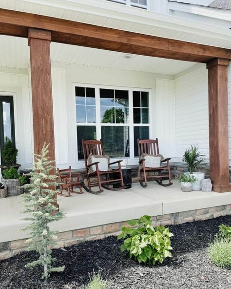 Gate Pillar Tiles Design, Wood Columns Porch, Pillar Tiles Design, Farmhouse Porch Columns, Wood Porch Columns, Porch Beams, Front Porch Posts, Porch Pillars, Modern Farmhouse Porch