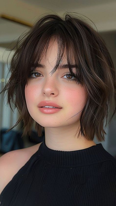 Haircuts For Frizzy Hair Round Faces, Pixie Bob Round Face, Curtain Bangs Short Hair For Round Face, Shaggy Bob Round Face, Hair Styles Oval Face, Hispanic Haircuts, Bob With Bangs Round Face, Short Hair With Bangs For Round Faces, Bob Cut For Round Face