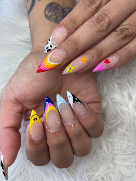 Multicolor nail design Multi Nail Designs, Multi Design Nails, Summer Abstract Nails, Different Design On Each Nail, Miami Nails Ideas, 90s Nail Designs, Abstract Nail Designs, Stilleto Nails Designs, Dope Nail Designs