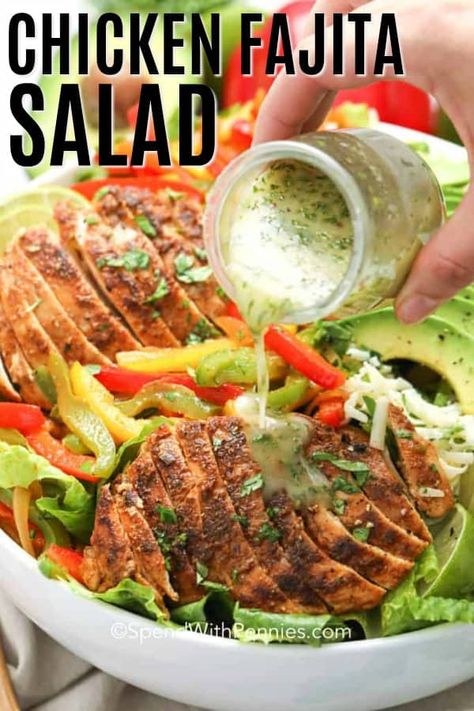 Chicken Fajita Salad Recipe, Lime Cilantro Dressing, Fajita Salad Recipe, Frito Taco Salad, Chicken Fajita Salad, Fajita Salad, Easy Chicken Fajitas, Zesty Chicken, Cilantro Dressing