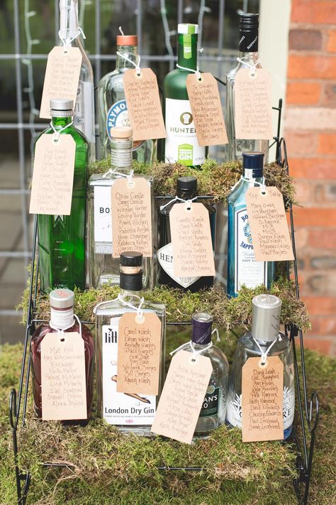 If you’re stuck trying to think of wedding table name ideas, what about using your favourite drink for inspiration? You can name each table after a different type of gin and then use that particular bottle as the centrepiece for that table, or use miniature versions of that gin in your wedding favours. Wedding Table Seating Chart, Wedding Table Themes, Wedding Table Seating, British Wedding, Wedding Table Names, Wedding Bottles, Gin Bottles, Wedding Table Plan, Seating Plan Wedding