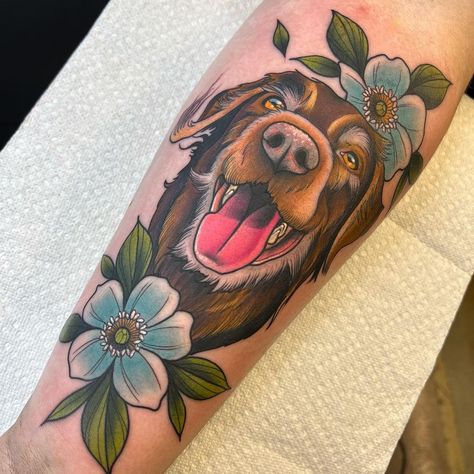 Colored Dog Tattoo, Chocolate Lab Tattoo, Neotrad Dog Tattoo, Yellow Lab Tattoo, Neo Trad Pet Portrait, Cartoon Style Tattoos, Neo Traditional Dog Tattoo, Cowboy Dog Tattoo, Neotraditional Pet Portrait