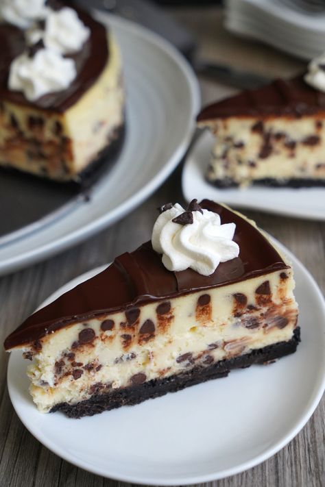 Love cheesecake and love chocolate? This smooth creamy chocolate chip cheesecake on a chocolate crust and topped with chocolate ganache is just for you! Mini Chocolate Chip Cheesecake Recipes, Cheesecake With Chocolate Topping, Chocolate Chip Cheesecake Cake, Chocolate Chip Cheesecake Recipes Easy, Cheesecake With Chocolate Ganache, Chocolate Ganache Cheesecake, Angel Food Cake Desserts, Chocolate Cheesecake Recipes, Chocolate Chip Cheesecake