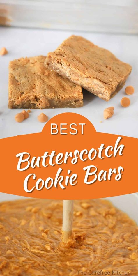 These Butterscotch Bars are thick and chewy with an irresistibly rich, sweet, salty, and buttery flavor. It’s a perfect make-ahead dessert for any time of the year. #thecarefreekitchen #dessert #bars #butterscotch #chips #blondies #makeahead #easy Butterscotch Cookie Bars, How To Make Butterscotch, Butterscotch Recipes, Butterscotch Bars, French Toast Muffins, Butterscotch Cookies, Make Ahead Desserts, Flavored Popcorn, Butterscotch Chips