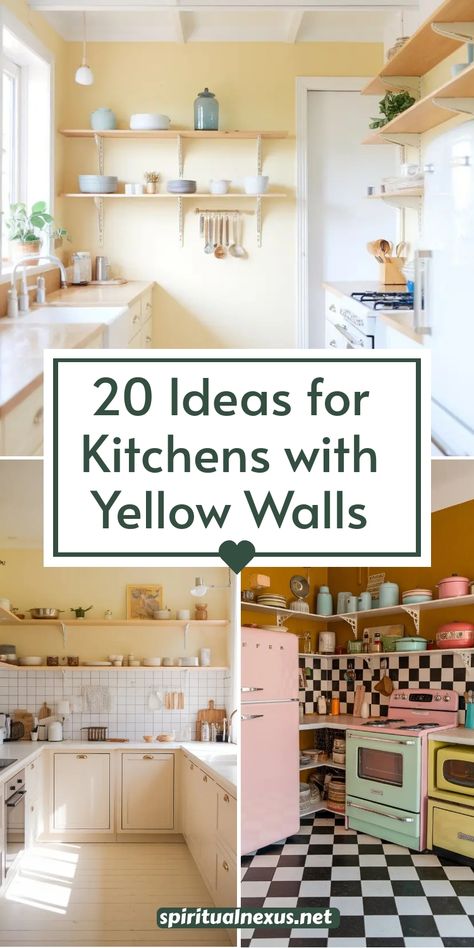 Add a chic touch to your kitchen with these 20 ideas for yellow walls. Whether it's a trendy mustard or a bright yellow hue, these designs will inspire you to create a stylish and cozy cooking space. #ChicKitchens #YellowWalls #KitchenStyle #HomeDesign #InteriorDecor Yellow Kitchen Oak Cabinets, Yellow Kitchen White Cabinets, Yellow Kitchen Ideas Decor, Butter Yellow Kitchen Cabinets, Pale Yellow Kitchen Walls, Pastel Yellow Kitchen, Kitchen Yellow Walls, Pale Yellow Kitchens, Yellow Kitchen Ideas