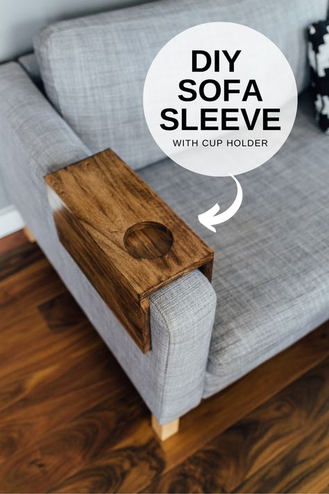 Easy DIY sofa sleeve for your couch! Great drink holder while watching tv, reading or hanging out. FREE build plans and tutorial video here Sofa Arm Table, Wooden Couch, Bar Deco, Diy Sofa Table, Diy Couch, How To Make Drinks, Diy Holz, Diy Sofa, Wooden Sofa