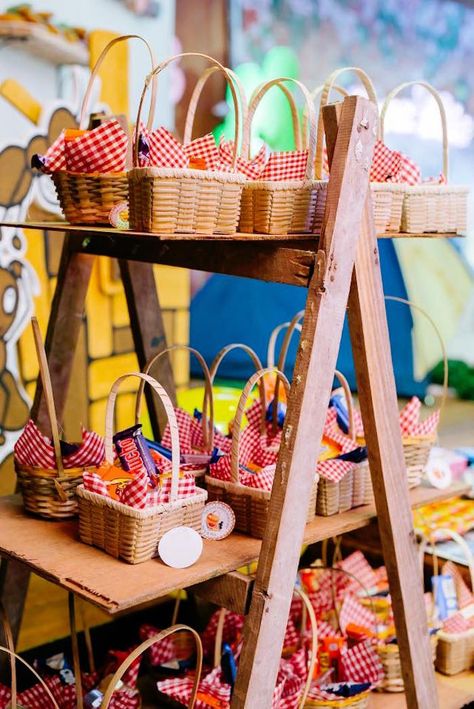 Kara's Party Ideas Picnic Birthday Party | Kara's Party Ideas Picnic Basket Party Favors, Picnic Basket Favors, Picnic Basket Centerpiece Ideas, Stuffed Animal Picnic Birthday Party, Picnic Party Favors For Adults, Colorful Picnic Party, Toddler Picnic Birthday Party, Kids Picnic Birthday Party, Masha And Bear Birthday Party Ideas