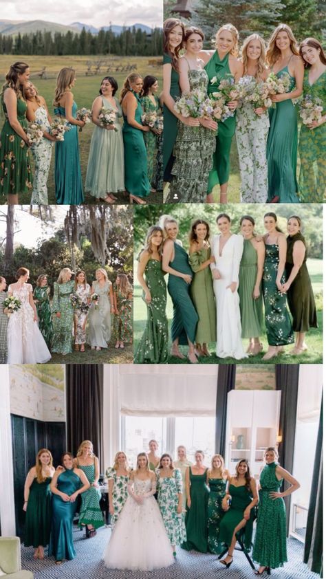 Green dresses bridal party Blue Bridal Party, Dark Green Wedding, Green Palette, Mom Wedding, Green Bridesmaid Dresses, Blue Bridal, Color Inspo, Green Wedding, Types Of Dresses