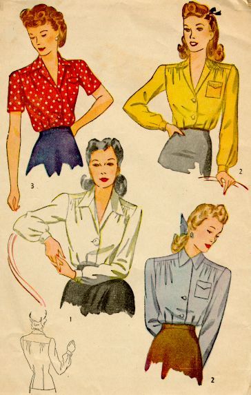 Crisp blouses from 1945. Note the hairstyles on the models. You’ll see a lot of these dropped shoulder yokes and gathered bodice fronts in this time period–a feature on my 1940s “Swing” Dress Pattern. 40s Blouse, 1940s Blouse, Simplicity Patterns Vintage, Patron Vintage, Fashion 1940s, Retro Mode, Vintage Blouse, Vintage Mode, Couture Vintage