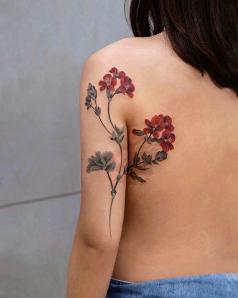 Birthmark Cover Up Tattoo, Red Geranium Tattoo, Bullfinch Tattoo, Geranium Flower Tattoo, Geraniums Tattoo, Scorpio Tattoo Ideas, Geranium Tattoo, Scorpio Female, Flower Back Tattoo