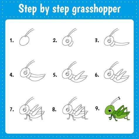 Drawing lesson for children how draw a g... | Premium Vector #Freepik #vector #color-book #activity-book #kids-coloring #kids-game Simple Grasshopper Drawing, Grasshopper Drawing, Grass Hopper, How Draw, Drawing Lesson, Kids Game, Color Book, Creepy Crawlies, Kids Coloring