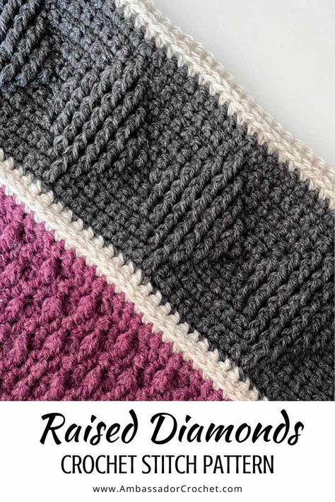 Learn How to Crochet Raised Diamonds Stitch Pattern - Ambassador Crochet % Crochet Diamond Stitch, Diamond Crochet Pattern, Crochet Blanket Chart, Crochet Conversion Chart, Diamond Crochet, Crochet Stitch Pattern, Crochet Stitches Chart, Crocheted Blankets, Crochet Throw Pattern