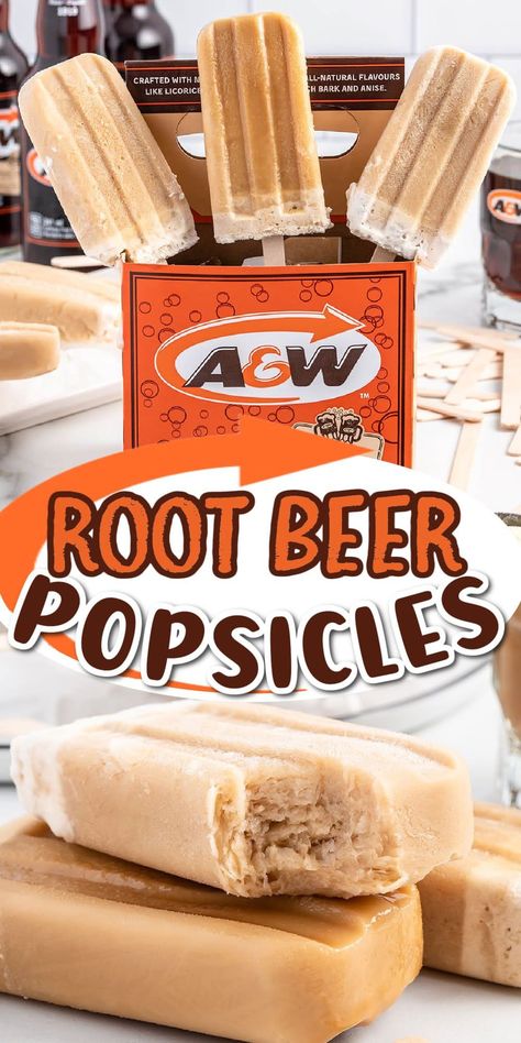 Root Beer Popsicles Rootbeer Popsicle Recipes, Root Beer Popsicles, Rootbeer Float Popsicles, Bombpop Popsicle Drink, Healthy Root Beer Float, Root Beer Floats, Root Beer Float Popsicles, Popcicles Recipes, Easy Popsicle Recipes