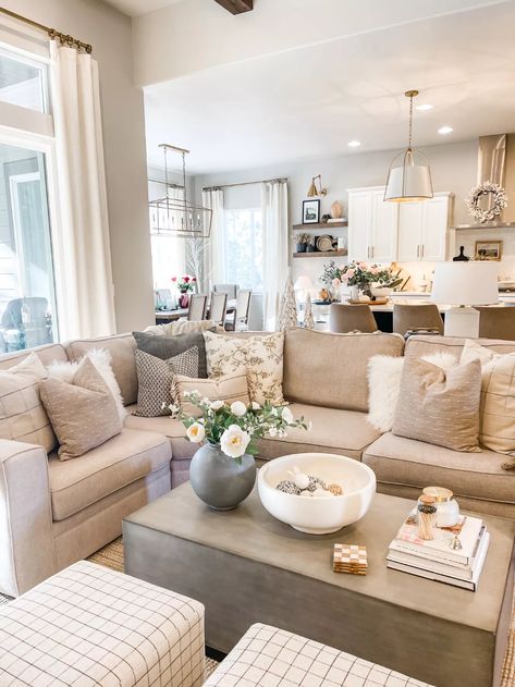 Neutral Sectional Pillows, Beige Sectional Pillow Ideas, Pottery Barn Pearce Sectional, Beige Sectional Living Room Decor, Living Room Sectional Decor, Beige Sectional Living Room Ideas, Anthropologie Living Room Inspiration, Beige Sectional Living Room, Anthropologie Living