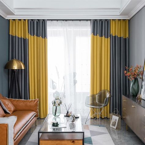 Blackout Curtains Living Room, Grey Blackout Curtains, Patchwork Curtains, Pleated Drapery, Dark Curtains, Yellow Curtains, Room Divider Curtain, Yellow Living Room, Grey Curtains