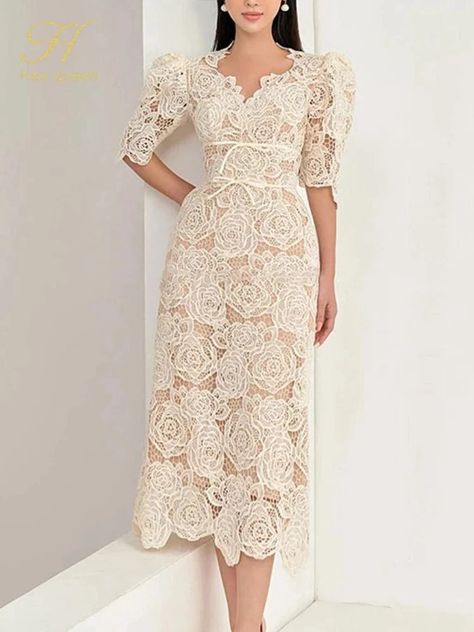 Summer Dresses Korean, Summer Dress Korean, Queen Summer, Lace Dress Casual, Lace Summer Dresses, Look Formal, Lace Midi, Lace Midi Dress, Embroidery Dress