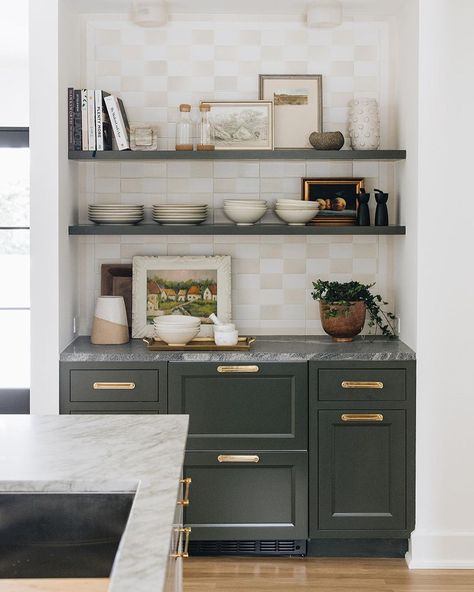 Jean Stoffer on Instagram: “Coffee anyone? The Plymouth Road house has a very sweet setup! Swipe to see more details. Check out the whole story on episode 5 of…” Ribbed Tile, Jean Stoffer Design, Stoffer Home, Jean Stoffer, Elegant Tiles, Dark Wood Stain, Home Coffee Bar, Cabinetry Design, Green Cabinets