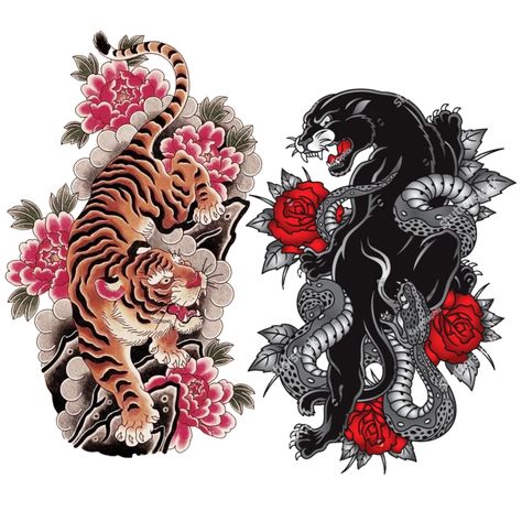 Traditional Tiger Back Tattoo, Panther Tattoo Back, Matching Japanese Tattoos, Panther Leg Tattoo, Tiger And Panther Tattoo, Trad Japanese Tattoo, Japanese Panther Tattoo, Japanese Tiger Tattoo Traditional, Japanese Cover Up Tattoo