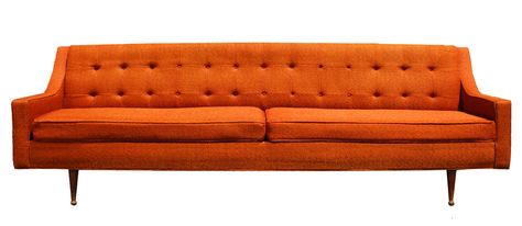 Stream-lined tufted back sofa - Danish Modern design Sofa Mid Century Modern, Mid Century Modern Eclectic, Sofa Mid Century, Creative Design Furniture, Orange Couch, Cheese Dinner, Orange Sofa, Modern Style Furniture, Retro Sofa