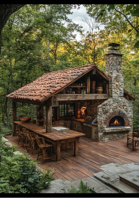 Backyard Pavilion, Backyard Kitchen, Outdoor Kitchen Patio, Backyard Patio Designs, Outdoor Kitchen Design, Outdoor Fireplace, Outdoor Rooms, Backyard Landscaping Designs, Outdoor Design