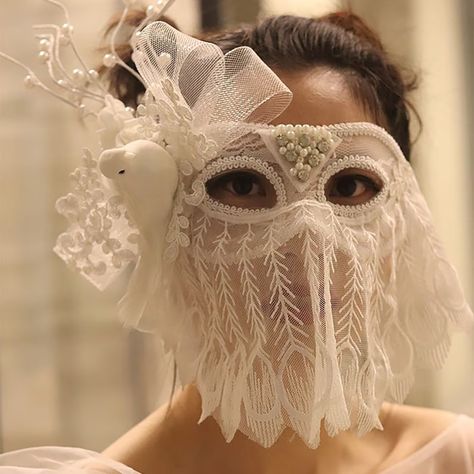 Masquerade Mask White Bird Decoration Masquerade Party, Halloween Mask Carnival Masks Lace Veil Party Fashion - Etsy Norway Fantasy Veil Mask, White Lace Mask, Masquerade Outfit, Mask Carnival, Bird Mask, Mask White, Lace Veil, Halloween Mask, Carnival Masks