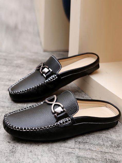 Black     Plain Mule Loafers Embellished   Men Shoes Casual Leather Sandals, Luxury Brand Shoes, Mens Sandals Fashion, Mens Beach Shoes, Men Driving, Half Shoes, Horsebit Loafers, Open Backs, Shoes Quotes