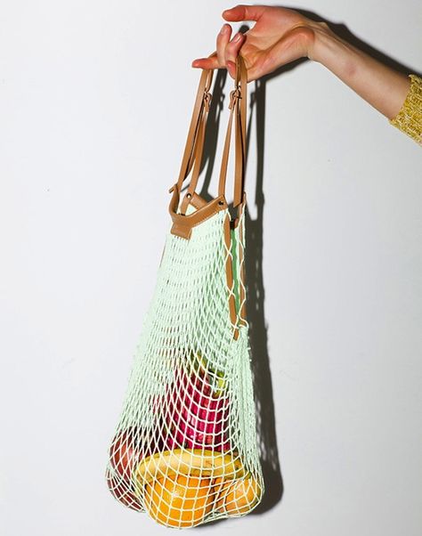 Carven Cotton Netted Bag in Green and Leather, Remodelista French Market Bag, Grocery Tote, Fringe Bags, Net Bag, String Bag, Market Tote, Linen Bag, The Bag, Market Bag