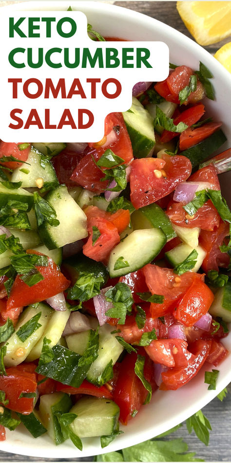 chopped cucumbers and tomatoes with a light vinaigrette and chopped parsley Cucumber Tomato Carrot Salad, Keto Cucumber Tomato Salad, Low Carb Cucumber Salad, Low Carb Fruit Salad, Salad Cucumber Tomato, Keto Cucumber, Mediterranean Cucumber, Tomatoes And Cucumbers, Tomato Cucumber Salad