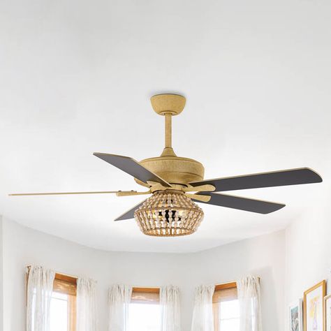 52-inch Farmhouse 5-Blades Beaded Reversible Ceiling Fan with Remote and Light Kit - Bed Bath & Beyond - 37165108 Farmhouse Style Ceiling Fan, Fan Bedroom, Ceiling Fan Bedroom, Remote Control Light, Candle Style Chandelier, Marble Look Tile, Engineered Hardwood Flooring, Ceiling Fan Chandelier, Ceiling Fan With Remote