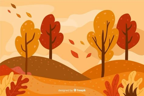 Autumn Landscape Illustration, Autumn Vector, 2d Background, Orange Vector, Autumn Cartoon, Tree Invitation, Autumn Leaves Background, Fall Drawings, Background Cartoon