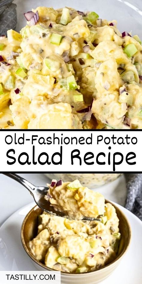 Easy to prepare and great for making in advance, this Potato Salad recipe is the perfect side for any barbecue, potluck party, or gathering. Minimal ingredients, a perfect blend of spices, and the surprise addition of relish make it outstandingly delicious. Potato Salad No Egg, Celery Pickles, No Mayo Potato Salad, Mayo Potato Salad, Potato Salad No Mayo, Homemade Potato Salad, Starchy Sides, Old Fashioned Potato Salad, Salad Potato