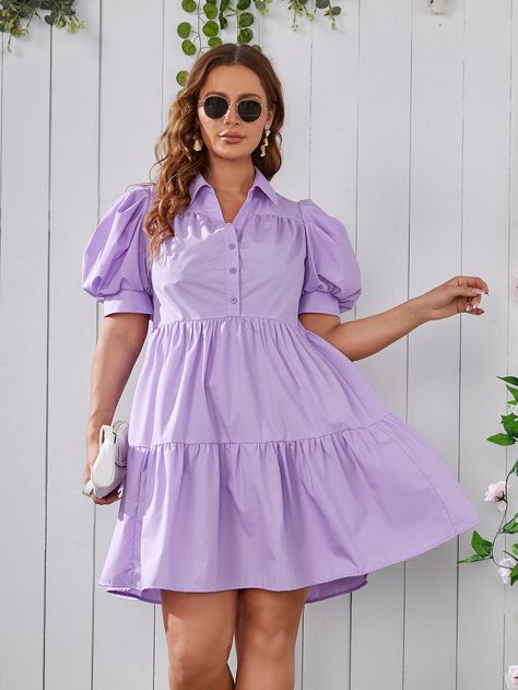 Lilac Purple Cute  Short Sleeve Polyester Plain Shirt Embellished Slight Stretch Summer Plus Size Dresses Purple Layered Dress, Lavendar Dress Outfit, Casual Long Purple Dress, Lavender Dress Casual, Lilac Summer Dress, Lavendar Dress, Lavender Outfit, Summer Color Trends, Purple Long Dress