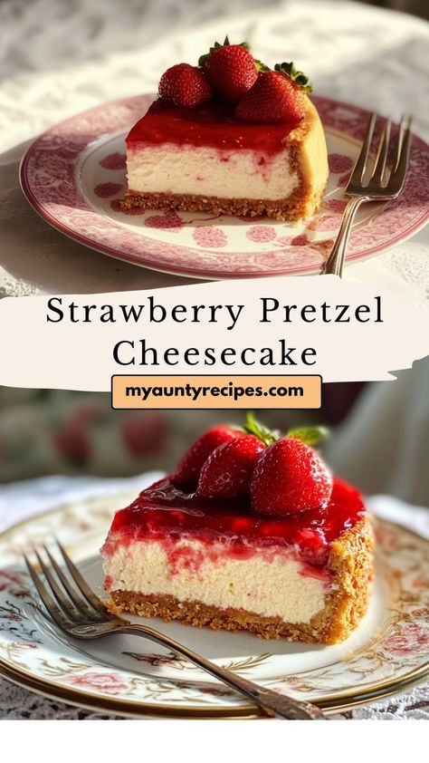 Enjoy this Irresistible Strawberry Pretzel Cheesecake, a dessert perfect for fall or any time you want a sweet and salty treat! With a creamy cheesecake base, crunchy pretzel crust, and fresh strawberry layer, it’s both refreshing and comforting. Ideal for your list of fall dessert ideas! Pretzel Crust Cheesecake, Strawberry Pretzel Cheesecake, Pretzel Pie Crust, Unusual Desserts, Strawberry Cheesecake Pie, Strawberry Cheesecake No Bake, Fall Dessert Ideas, Pretzel Cheesecake, Cheesecake Delight