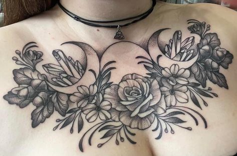 Women Shoulder Chest Tattoo, Flower Tattoos Chest Women, Women Front Neck Tattoo Ideas, Gothic Chest Piece Tattoo, Female Upper Chest Tattoo, Alternative Chest Tattoo, Chest Tattoo Female Plus Size, Galaxy Chest Tattoo Female, Large Witchy Tattoos