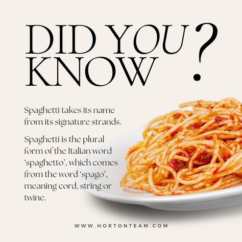 It's National Spaghetti Day! 🍝 Here's a fun fact about spaghetti! #hortonteam #realestateagents #evansvillehomes #newburghhomes #kellerwilliams #kellerwilliamsagent National Spaghetti Day, National Pasta Day, Family Fun Night, Keller Williams, Italian Words, Family Fun, Spaghetti, Fun Facts