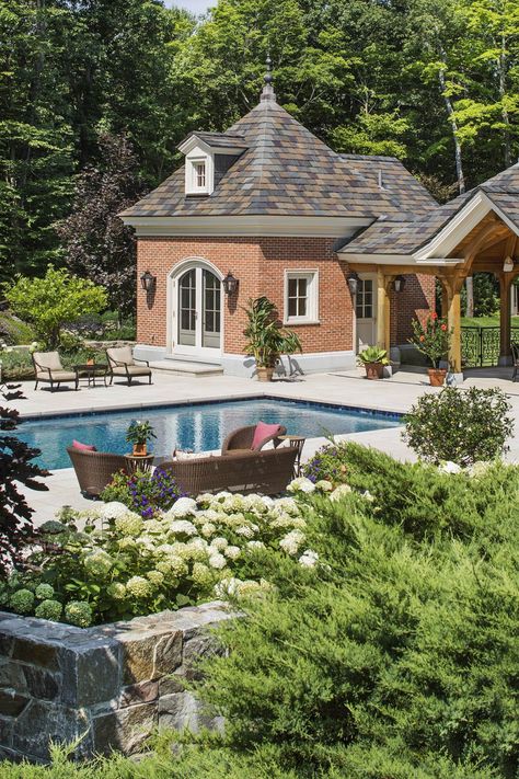 English Pool House, French Country Pool House, Brick House With Pool, Mcmansion Makeover, French Chateau Pool, Brick Pool House, Pool Brick, Wadia Associates, English Pool