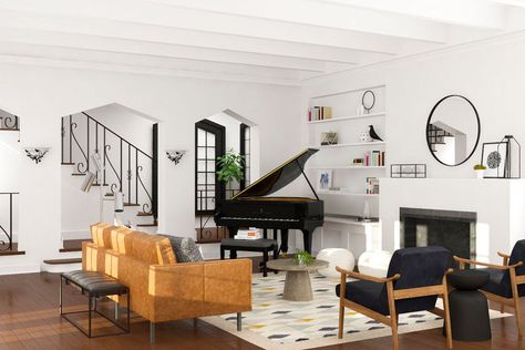 Piano In Living Room Layout, Grand Piano In Living Room, Piano In Living Room, Piano Room Design, Grand Piano Living Room, Grand Piano Room, Long Living Room Layout, Piano Room Decor, Piano Living Rooms