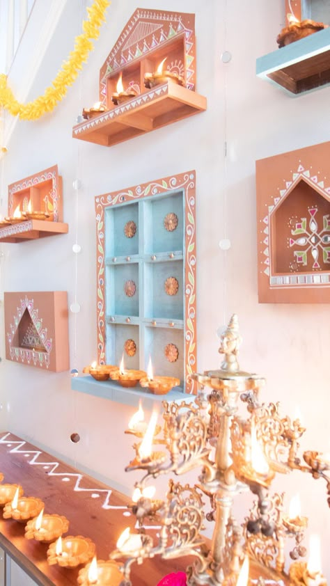 I think the it’s the simple yet impactful nature of these canvas displays that make them so popular whenever I post. This time I was… | Instagram Thikri Art, Diwali Wall Decor, Chameli Flower, Clay Diya, Wood Rosettes, Paint Accents, Decorations Items, Hexagon Box, Paint Trim